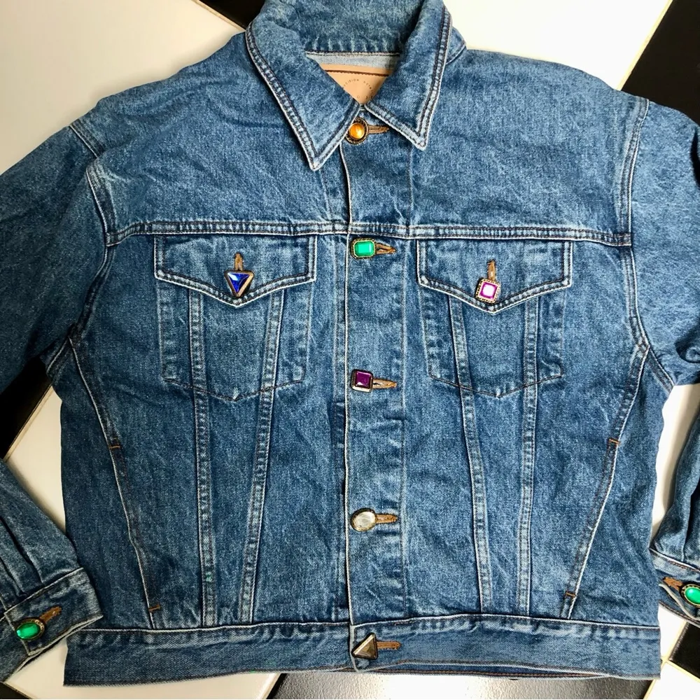 Vintage 90s  Jewel Buttons Denim Jean Jacket Jewel Tone Bejeweled szM - Image 2