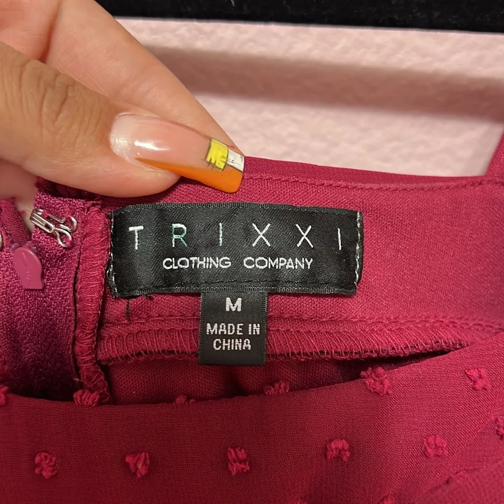 Trixxi Burgundy Puff Sleeve Square Neck Mini Dress With Dot Detailing. Size M - Image 4