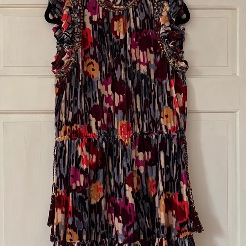 Ulla Johnson Velvet Penny Mini Dress Multi Studded Ruffle Flutter Tassled Size 6 - Image 2