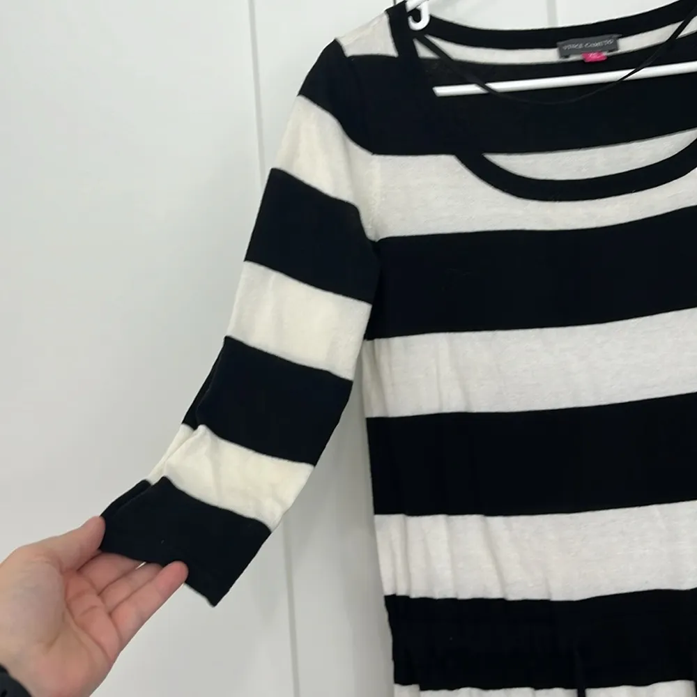 Vince Camuto XS Black, White Stripe 3/4 Sleeve Drawstring Waist Sweater Dress - Image 4
