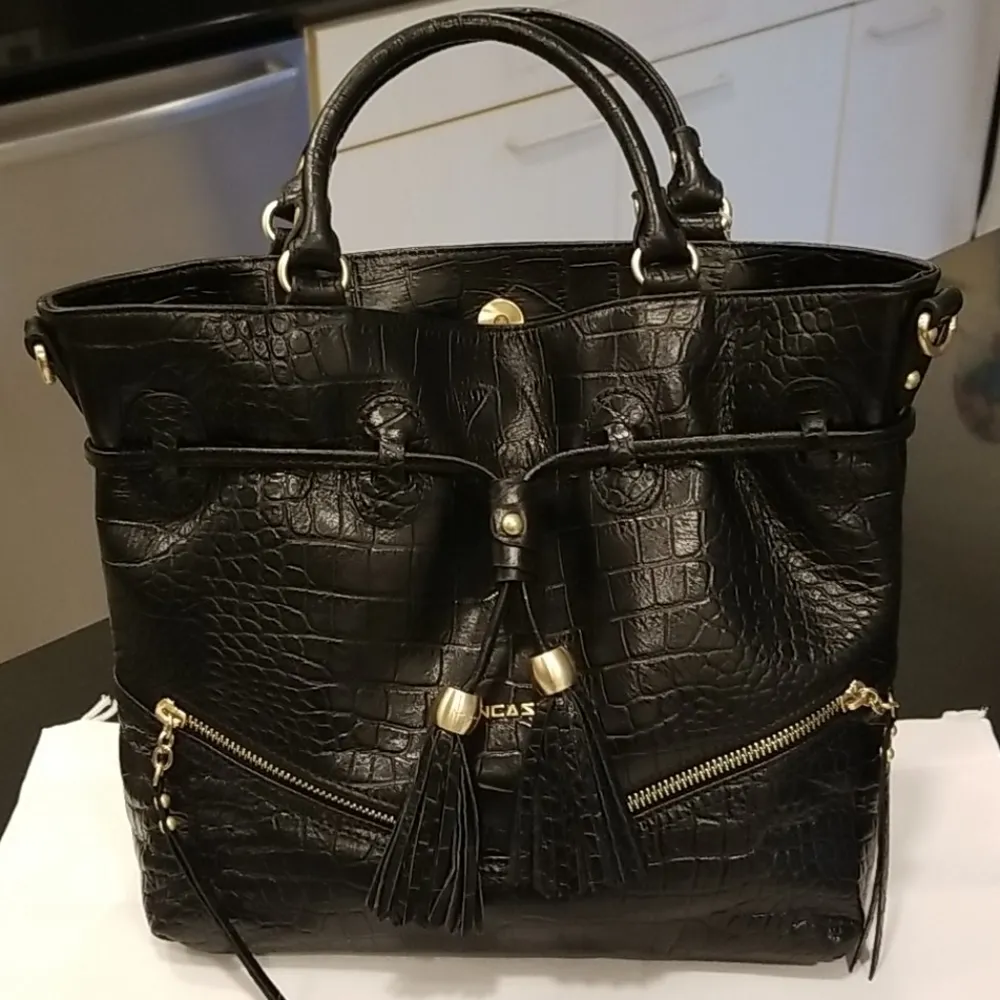 đź’•LANCASTER PARISđź’• Exotic Croco Embossed Crocodile Texture 100% Leather Bag NWT Black - Image 2