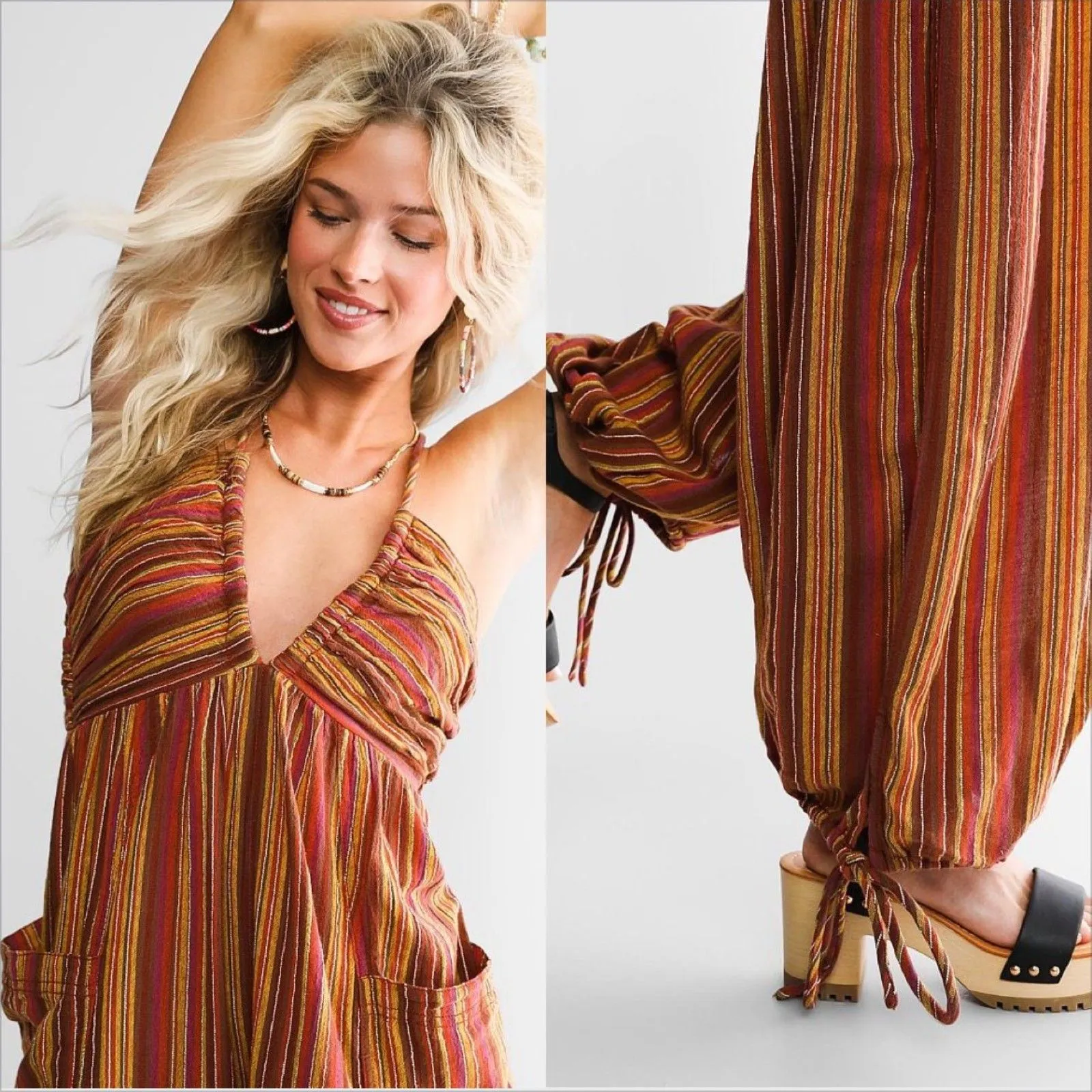 Free People Sundaze For Surfin Jumpsuit Size Small Red Clay Combo Balloon Leg - Image 3