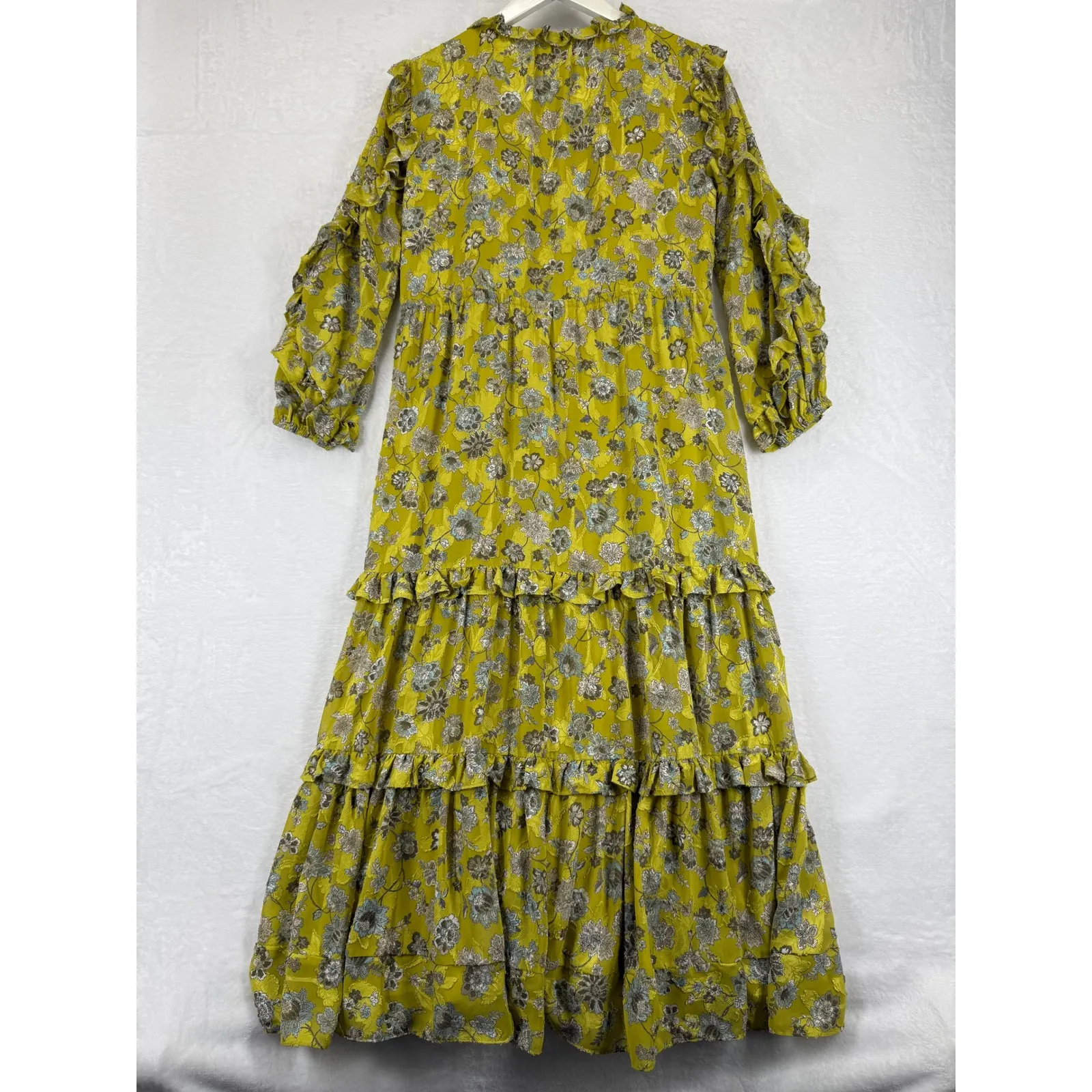 ALEXIS Auja Floral Print Crepe Midi Dress Ruffle Sleeve Tiered Yellow XS - Image 9