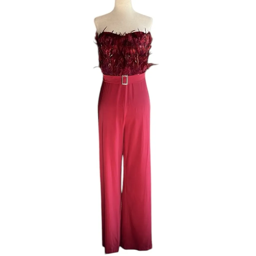 Unbranded Cranberry Strapless Jumpsuit With Feather Bodice Size L - Image 8