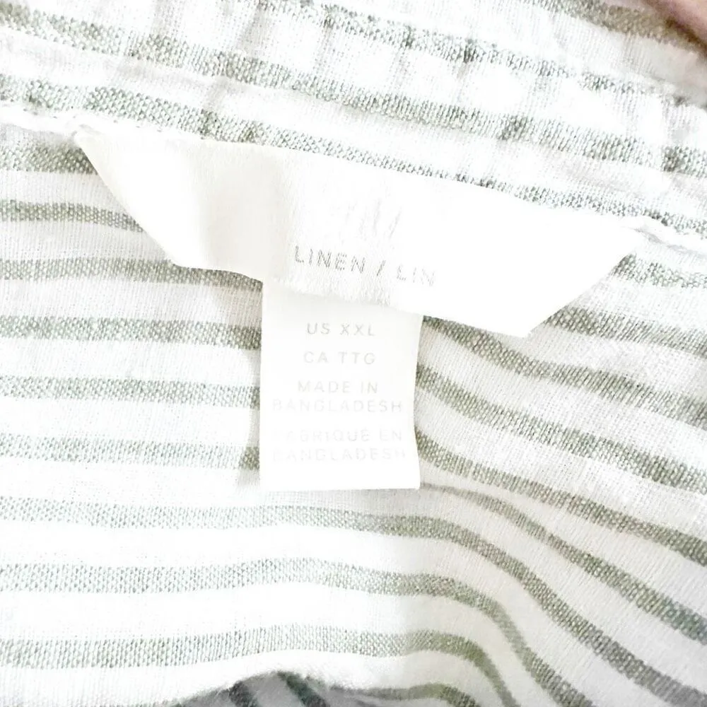 H&M | White Khaki Green Stripe Tie Waist Linen Blouse Top Button Down | Size XXL - Image 7