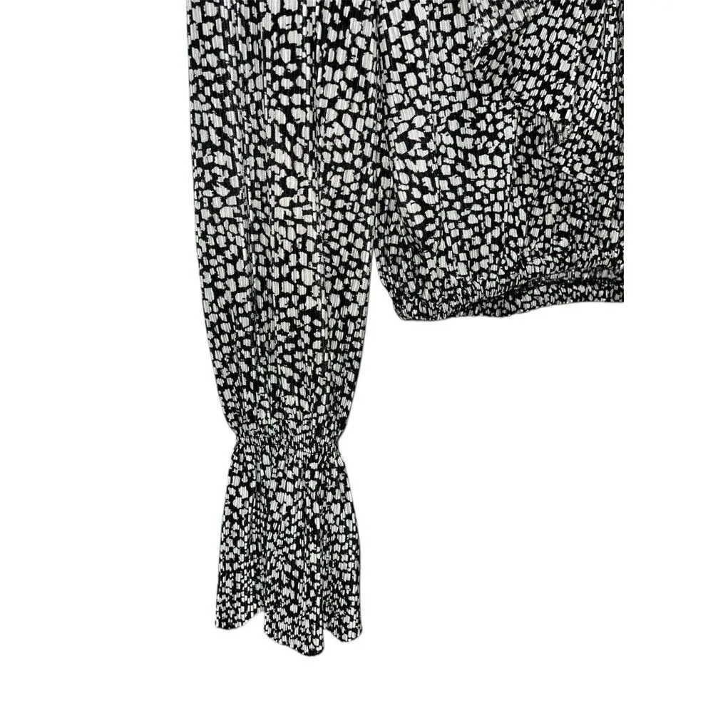 Zara Women's Long Bell Sleeve Blouse Ruffle Neck Size Small Spotted White Black - Image 7