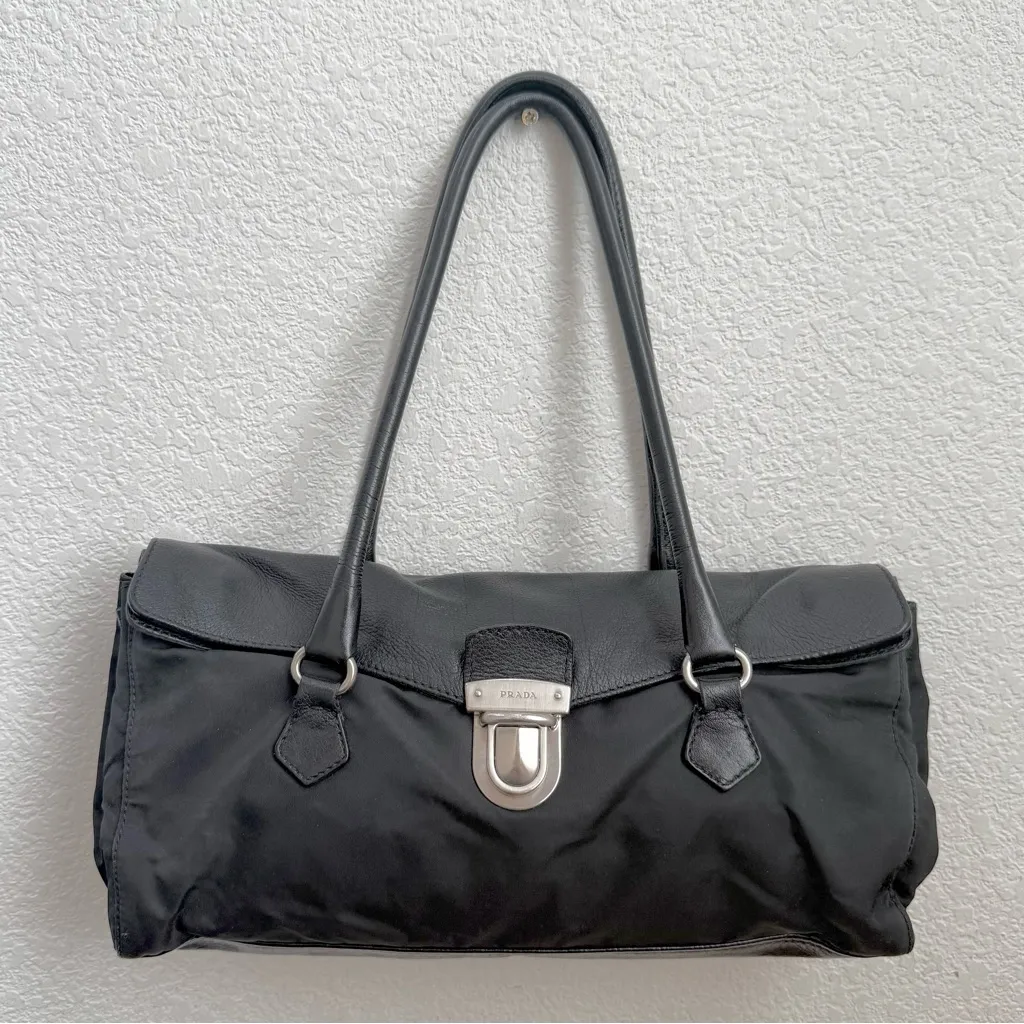 Vintage PRADA Tessuto Black Nylon & Leather Push Lock Closure Shoulder Bag - Image 7