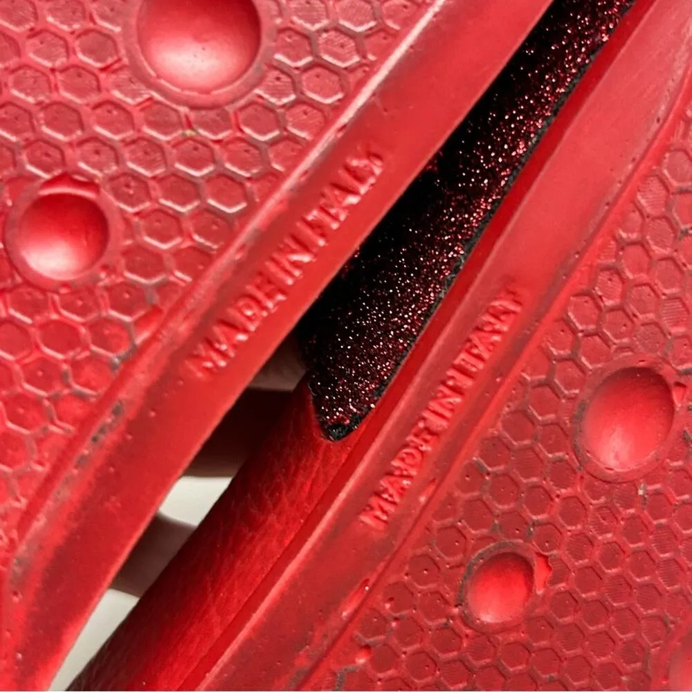 Valentino Red Slides Sparkle Metallic Logo Name Top Sandals Made in Italy Sz 37 - Image 5