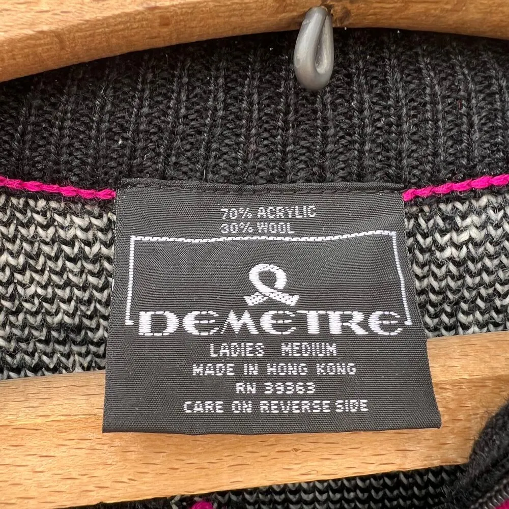 Vintage Demetre wool blend art deco 1/4 zip sweater black sun burst swirl Size M - Image 4