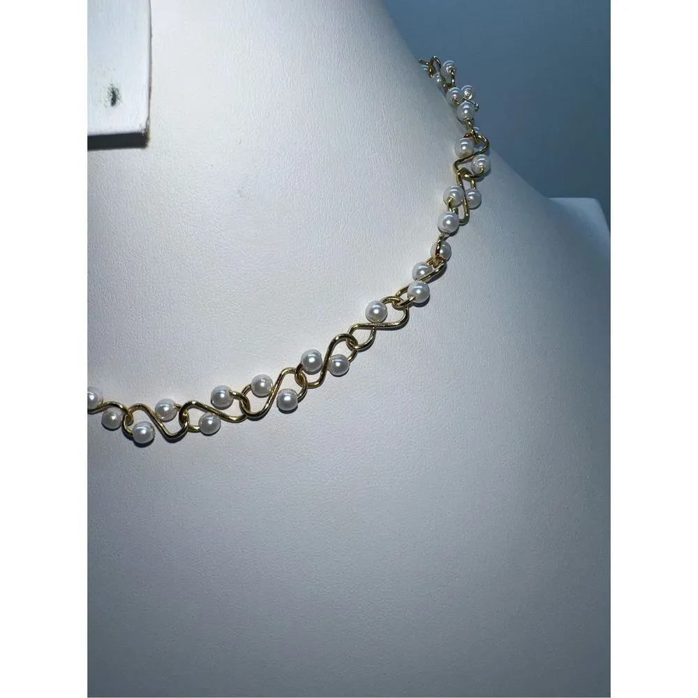 Vintage Faux Pearl and S Link Chain Necklace Gold - Image 3