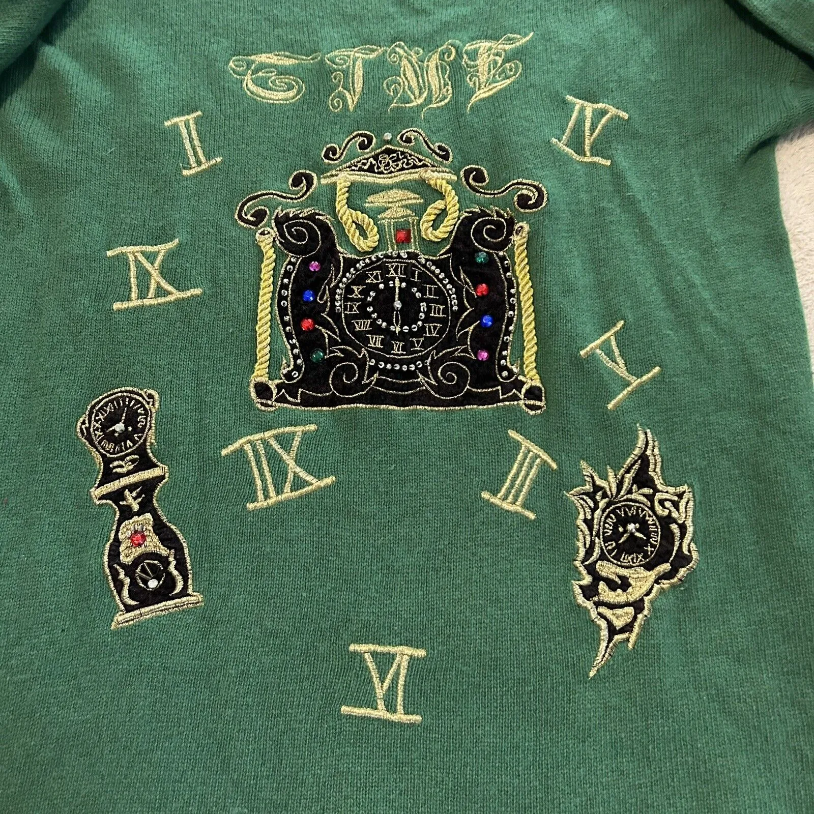 Vintage 80s Sweater XL LambsWool Sequins Beaded Embroidered Clock Vi Vien Forest Green - Image 2