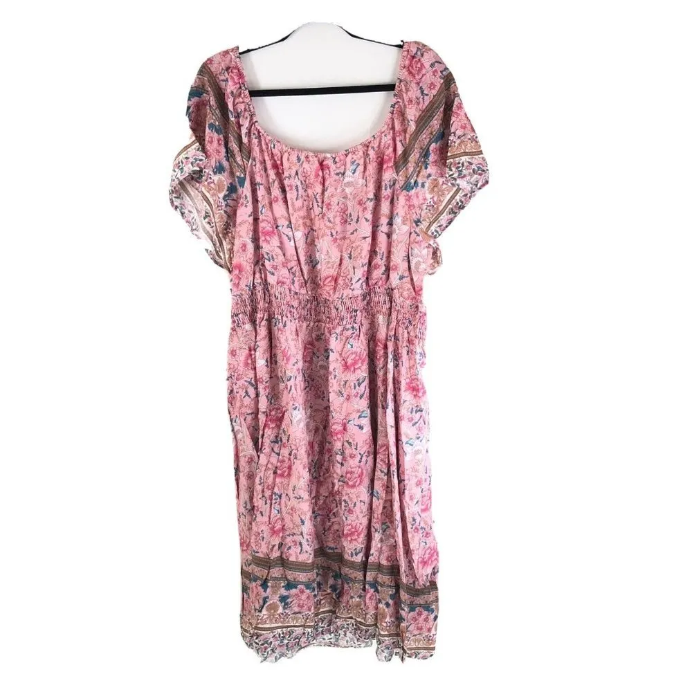 Bloomchic Bandana Print Square Neck Pocket Ruffles Shirred Dress Pink 12 - Image 4