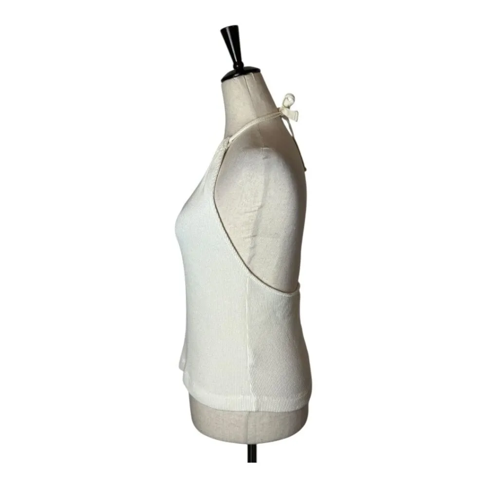 Oak + Fort Shirt Women Medium Ivory Ribbed Knit Tie Neck‎ Halter Top Streetwear - Image 5
