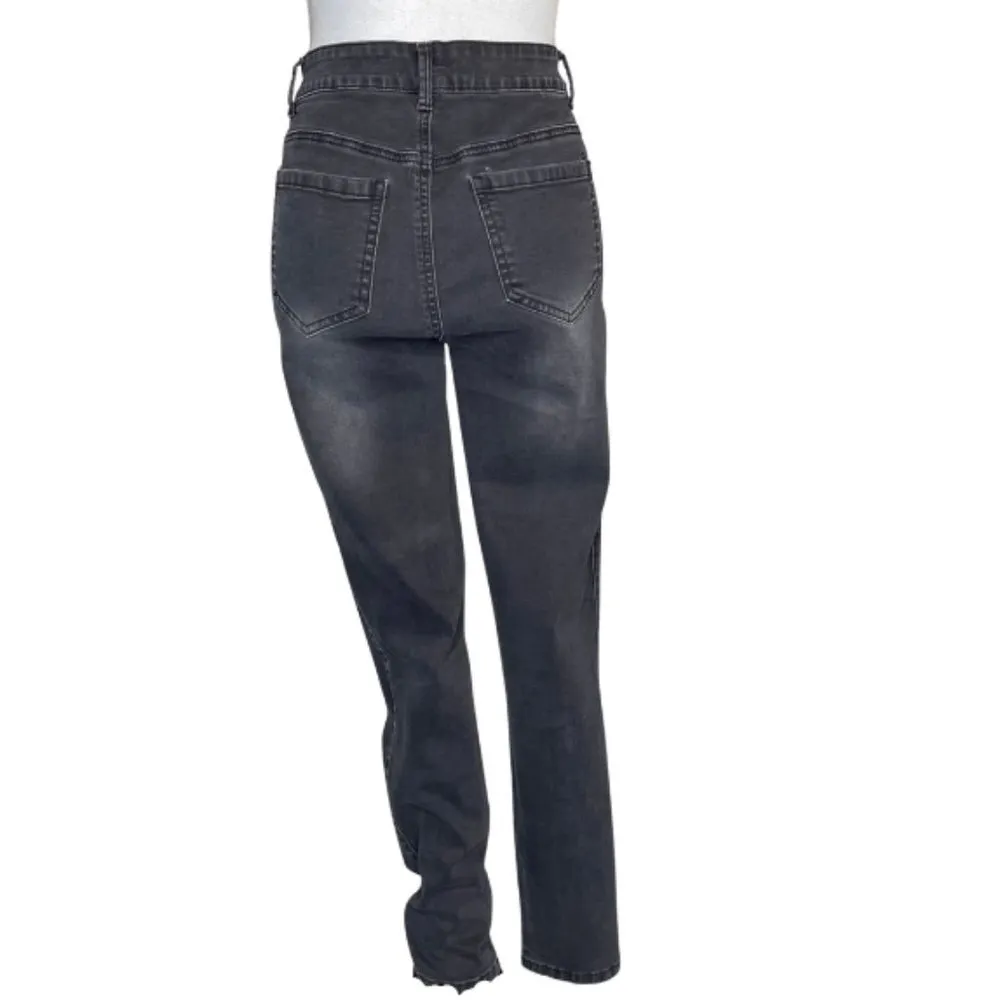 BBJ Women's High Rise Denim Button Fly Side Buttons Acid Wash Skinny Size 7 Black - Image 2