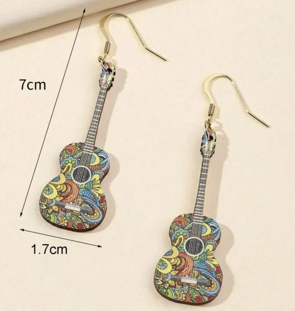 Multicolor Retro Floral Wooden Guitar Drop Festival Statement Earrings - Image 5