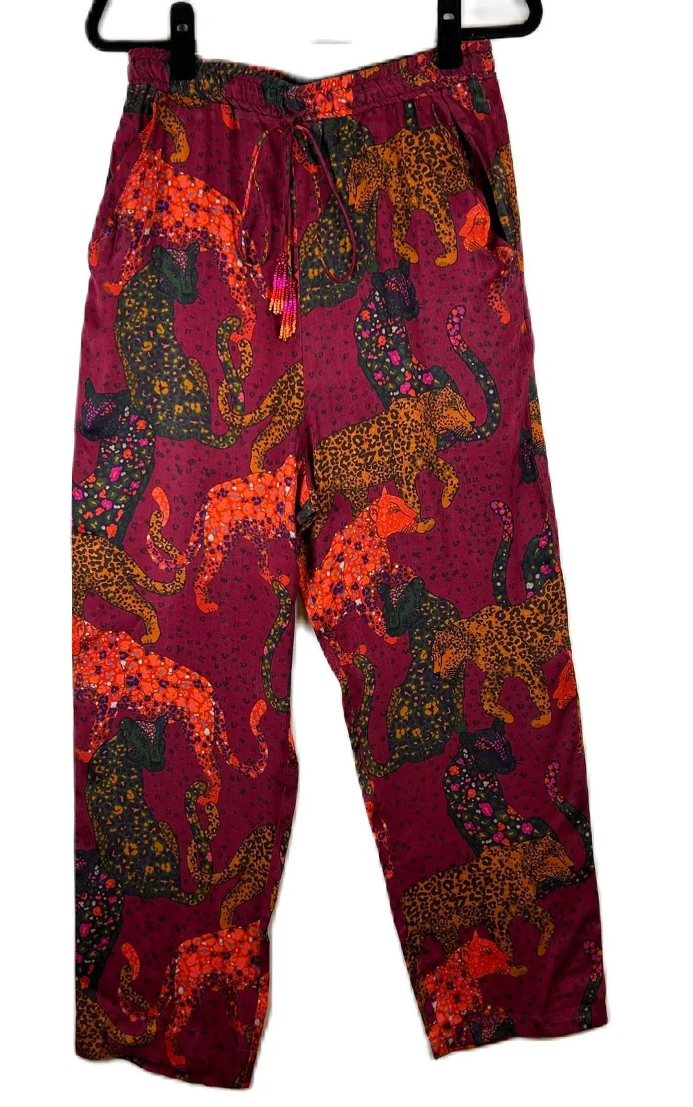 FARM Rio Leopard Print Wide Leg Pants Women's M Burgundy Drawstring Tassel - Image 1