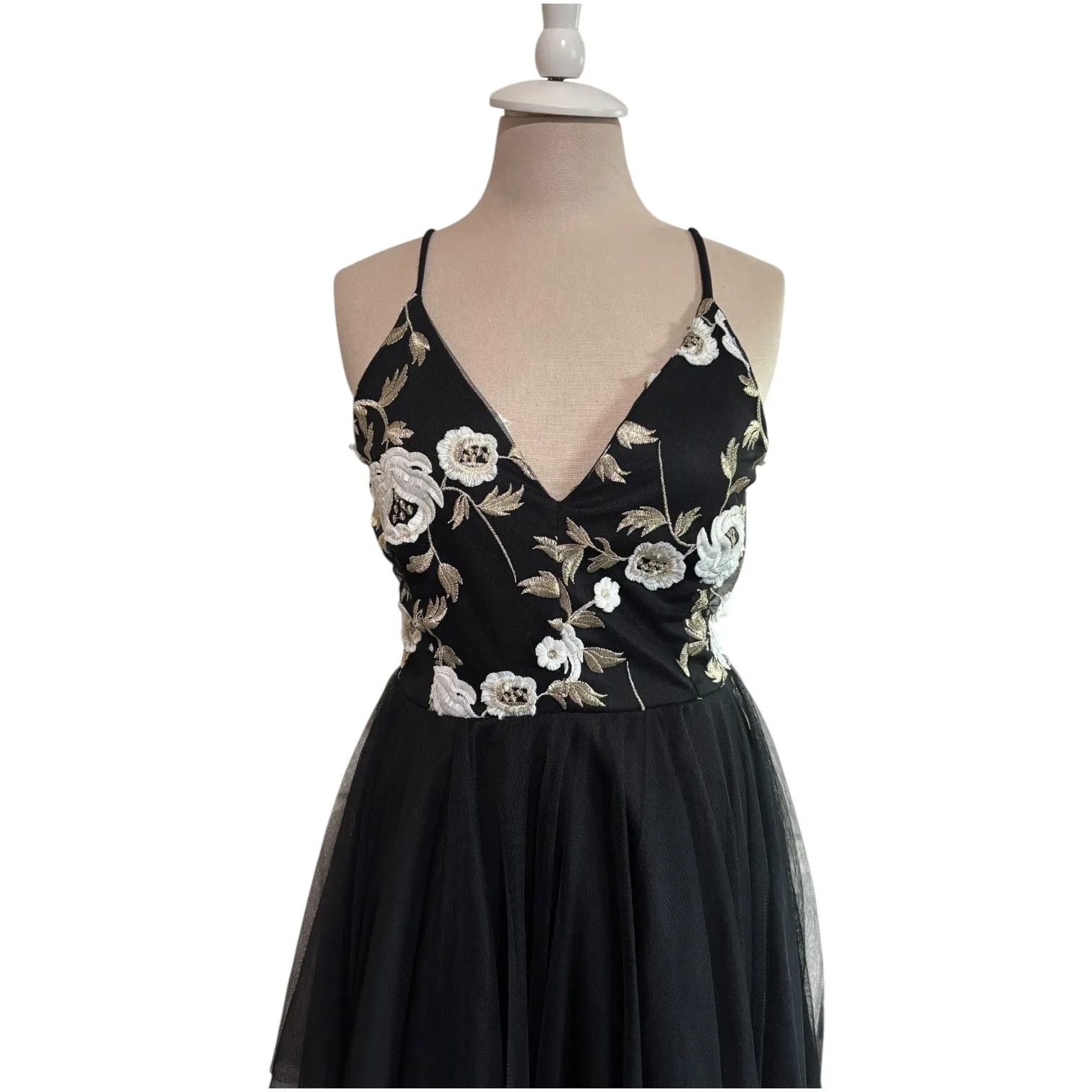 Vtg Black Embroidered Floral Appliqué Dress sz S Tulle Asymmetric Y2K Whimsigoth - Image 6