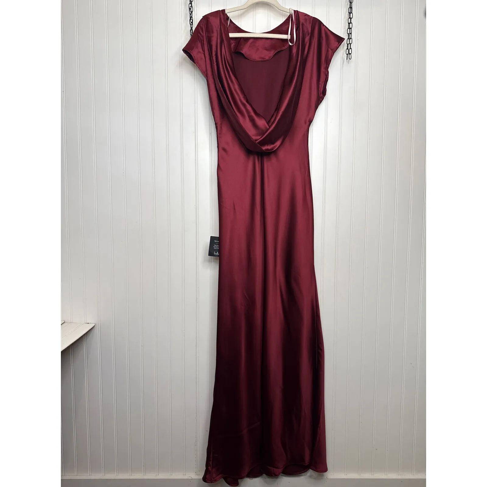 NWT Lulus Captivating Presence Wine Red Satin Cowl Back Maxi Dress Bridesmaid M - Image 5