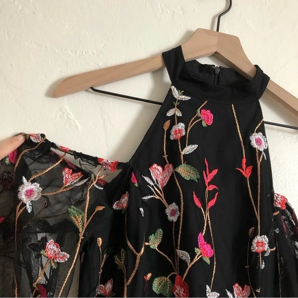 Guess Black Embroidered Floral Open Shoulder High Neck Bell Sleeves Mini Dress - Image 2