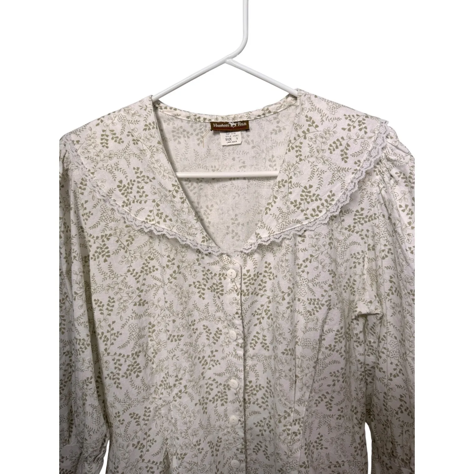 Vintage Hunters Run Prairie Blouse Lace Collar Puff Sleeves cinch back USA Small - Image 5