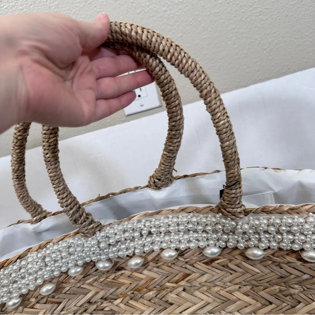 Boston Proper Pia Rossini Straw Pearl Handbag Tote Bag Beach Summer Vacation NEW - Image 9