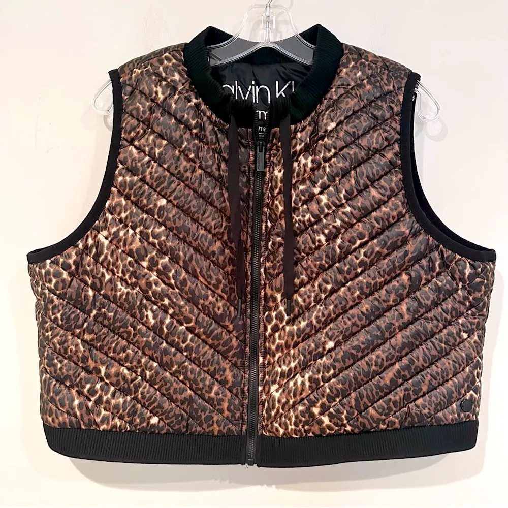 Calvin Klein Performance Cropped‎ Animal Print Vest Women's XL Black Quilted - Image 3