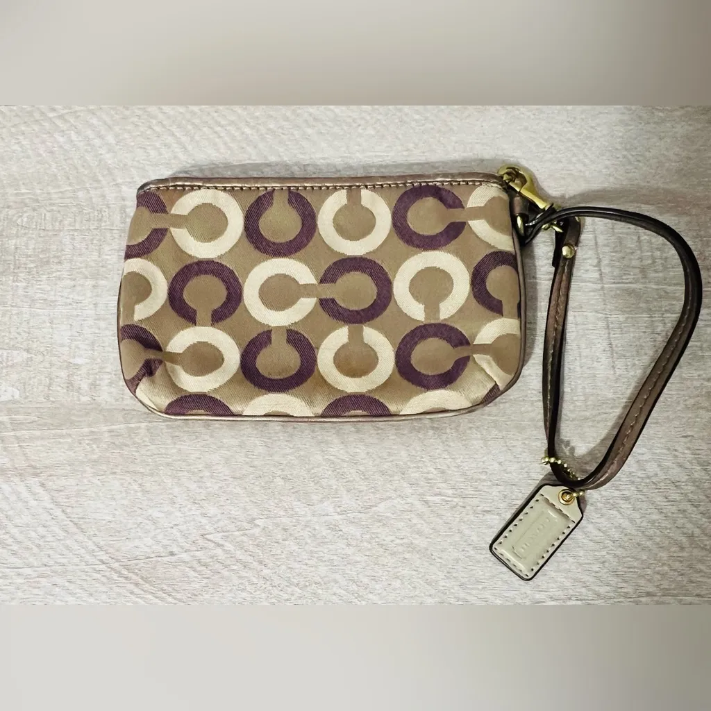 Vintage Coach Beige/Gold and Brown Wristlet with Deep Purple Interior | Like New - Image 3