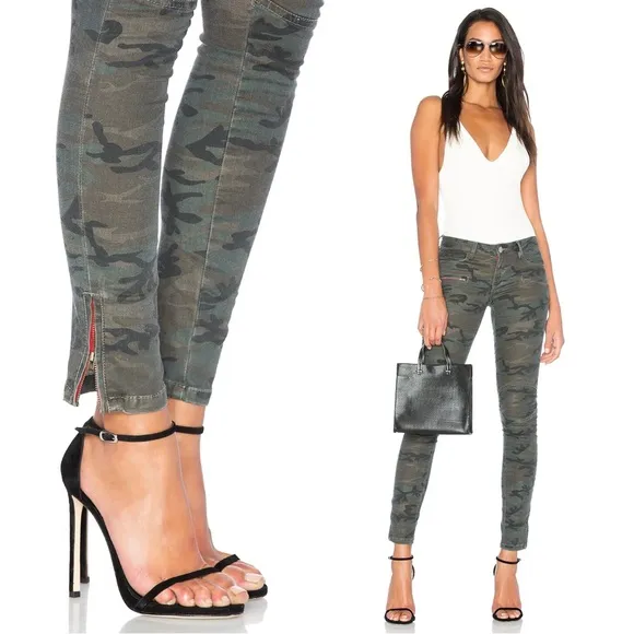 Etienne Marcel • Camo Moto Skinny Jeans red zipper pockets hem olive green Size 27 - Image 2