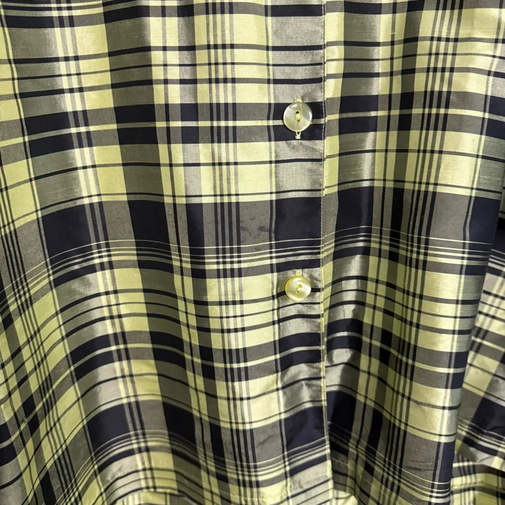 VTG Karen Arnold Sz 3X Chartreuse 100% Silk Taffeta Jacket Plaid Top Plus Size‎ Green - Image 2