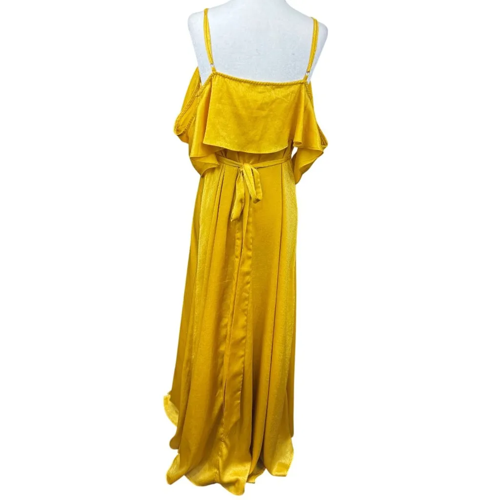 NEW Lulus XL Yellow Ruffled Cold Shoulder Maxi Wrap Satin Dress Formal Gown Chic - Image 5