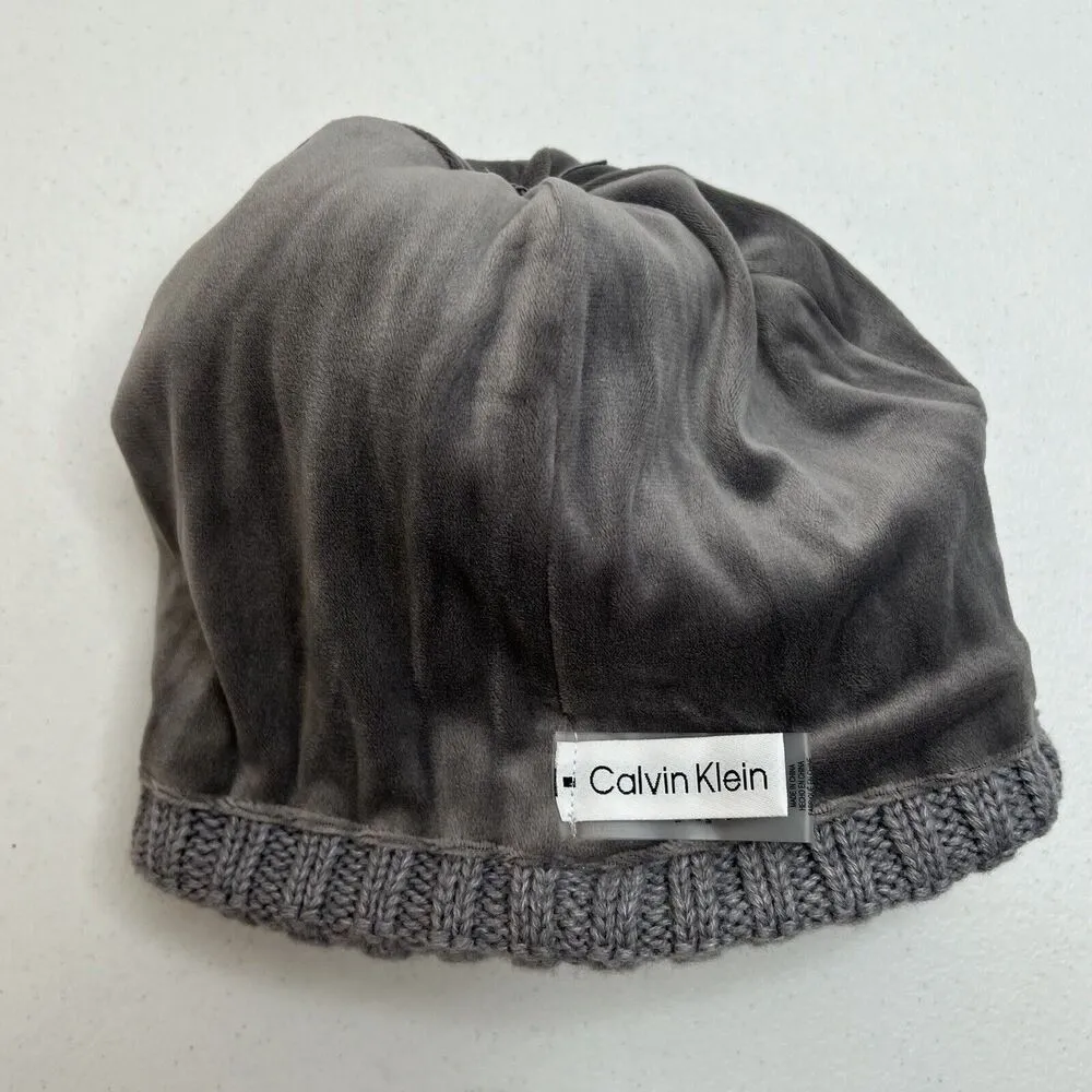 CK Calvin Klein Grey Rib Knit Winter Beanie Faux Fur Pom Pom Hat - Image 6