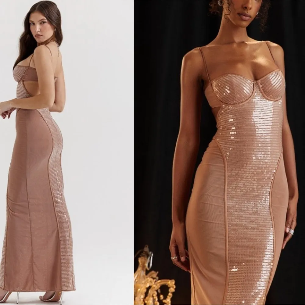 NWOT HOUSE OF CB 'Bonita' Cafe Au Lait brown Sequin Maxi Dress sz L - Image 2