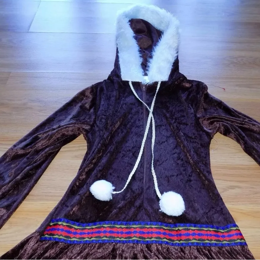 Teen / Adult Size Medium Eskimo Girl Costume Dress Brown Velour Faux Fur - Image 3