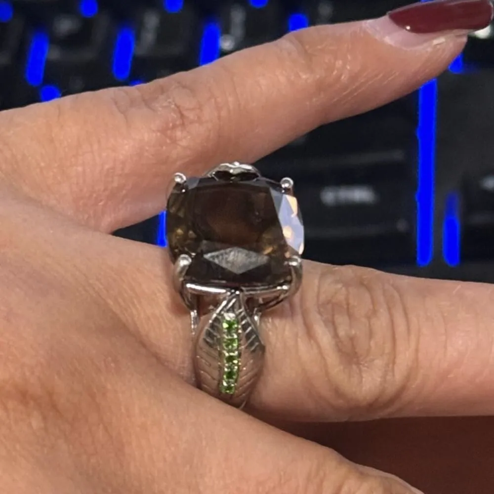 Sterling Silver 925 large smokey gem green smaller gems botanical Ring Sz 7.5 - Image 12