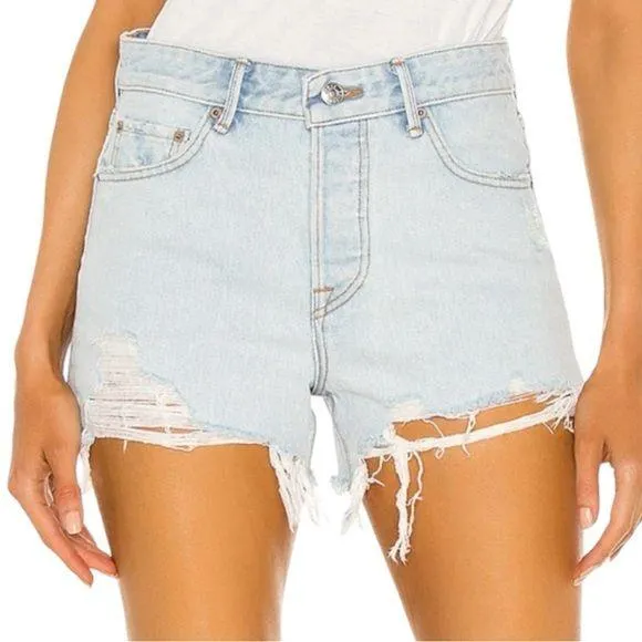 GRLFRND Sz 24 Palm Springs Light Blue Wash Helena High Rise Cut Off Jean Shorts - Image 1
