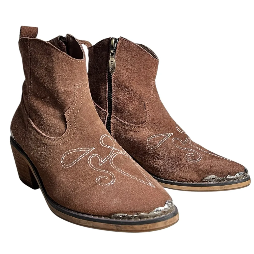 Spell Brown Tan Suede‎ Cactus Rose Western Boho Boot Booties EU 37 Size 6.5 - Image 2