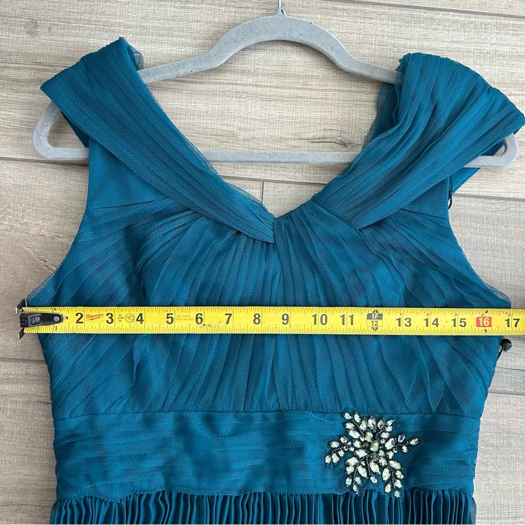 Adrianna Papell Teal Blue Shirred Caplet Embellished Pleated Skirt Gown NWT 8 - Image 8