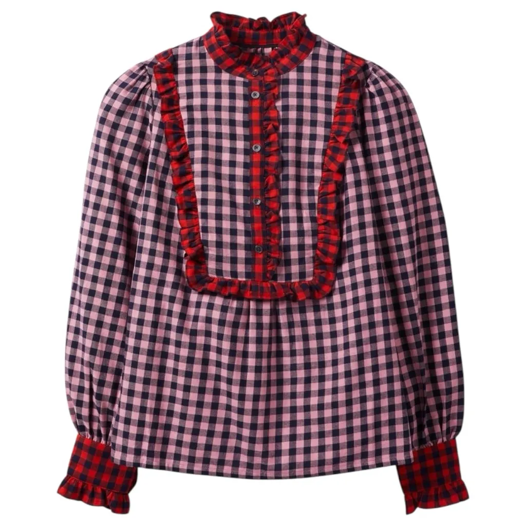 Boden Women’s Size 2 Red Pink Checkered Cotton Isla Frill Detail Blouse Shirt - Image 4
