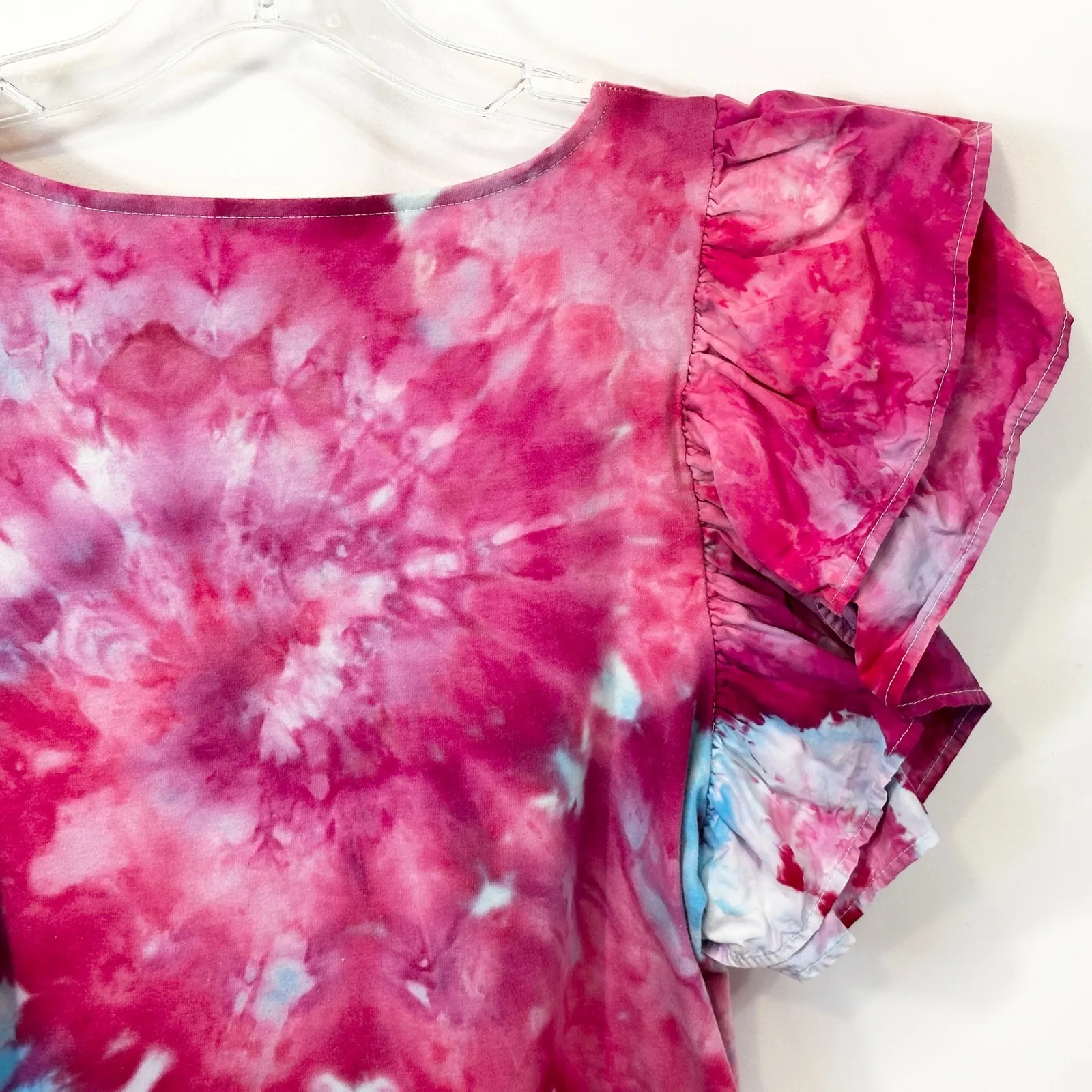 A New Day Large Top Handmade Tie Dye Ruffle Sleeve‎ Crop Pink Blue Artsy 1743 - Image 8