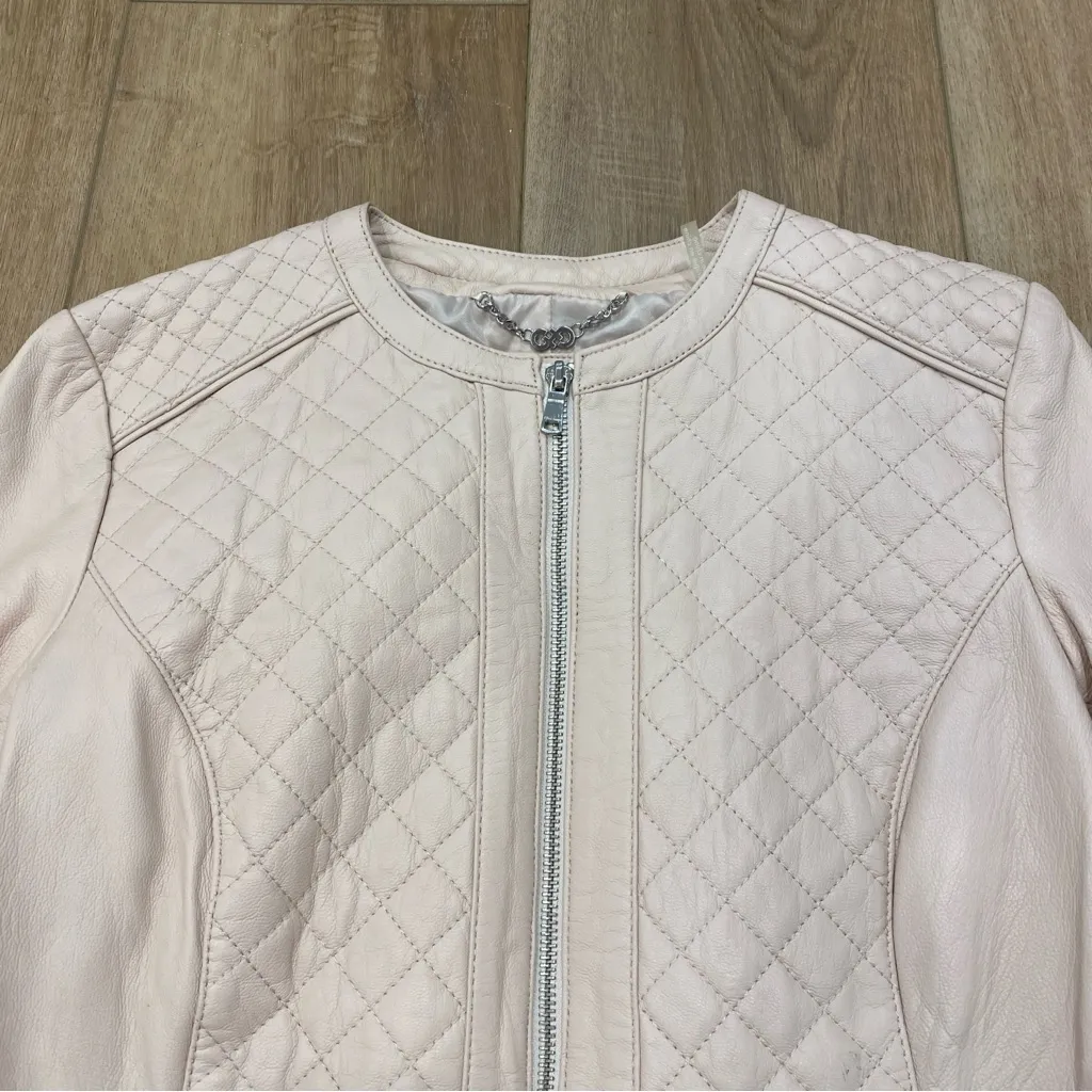 🌟COLE HAAN🌟 QUILTED JEWEL NECK ZIP UP LEATHER JACKET PINK SZ S - Image 4