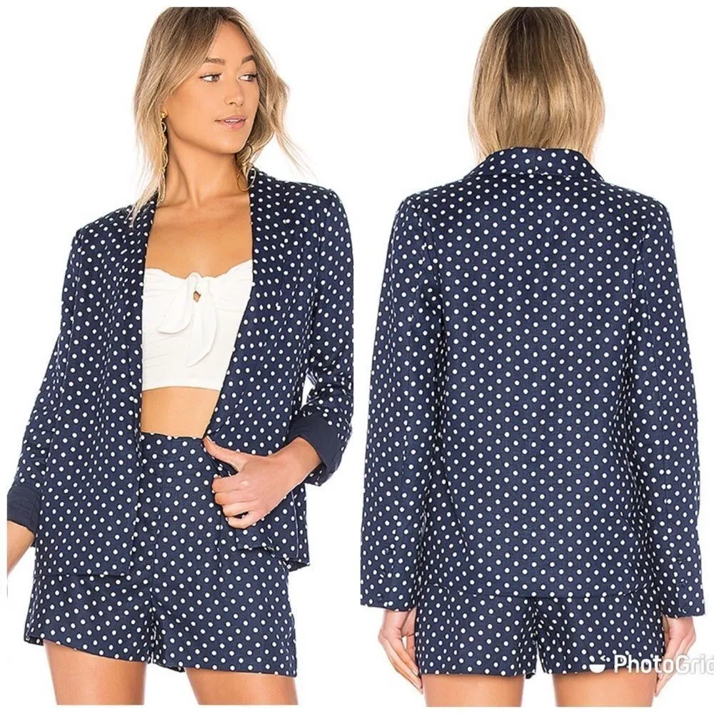 L’ACADEMIE Carter Linen Blazer Open Front Navy Blue White Polka‎ Dot Medium New - Image 4