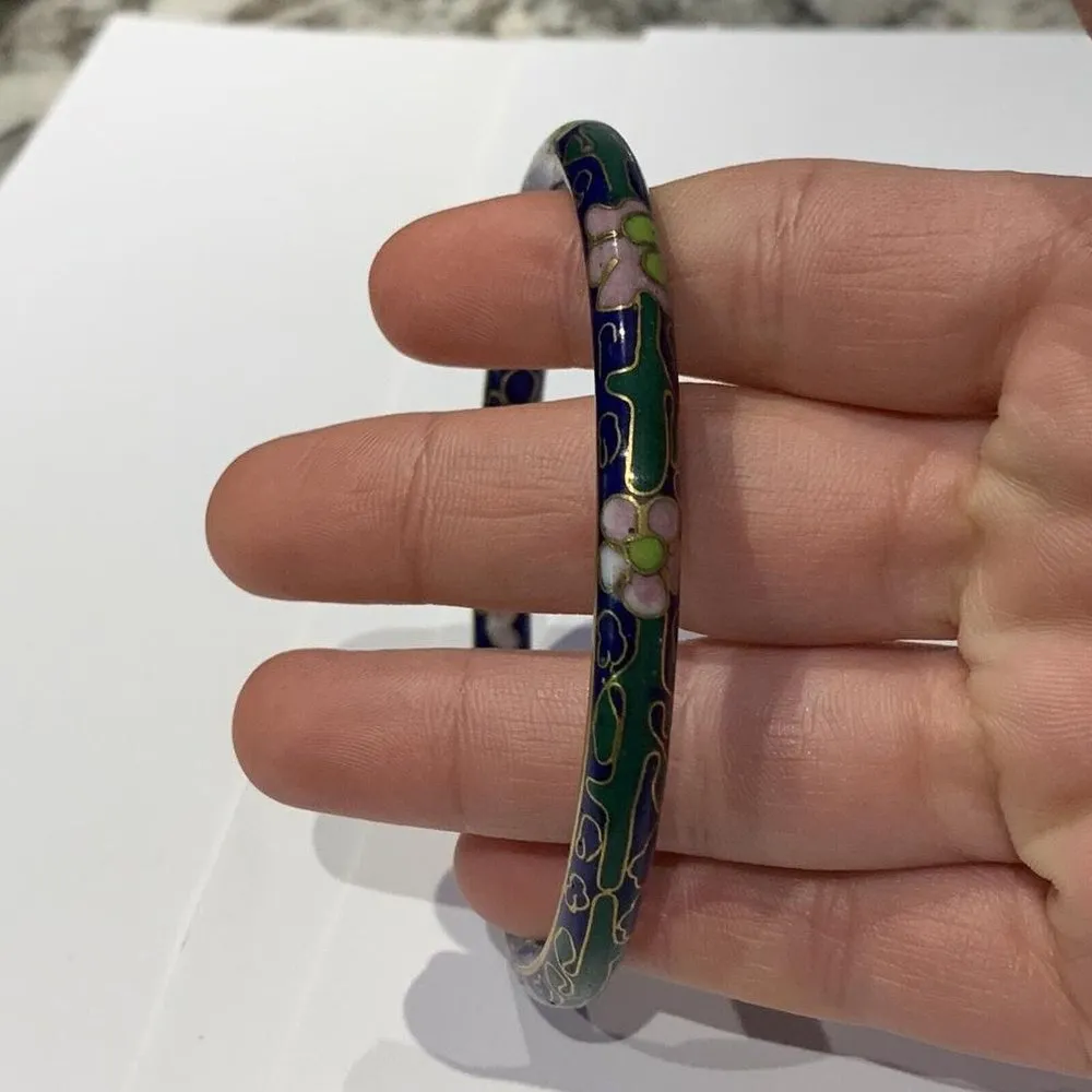 Cloisonné Vintage Costume Bracelet Bangle Blue Flower Pattern - Image 7