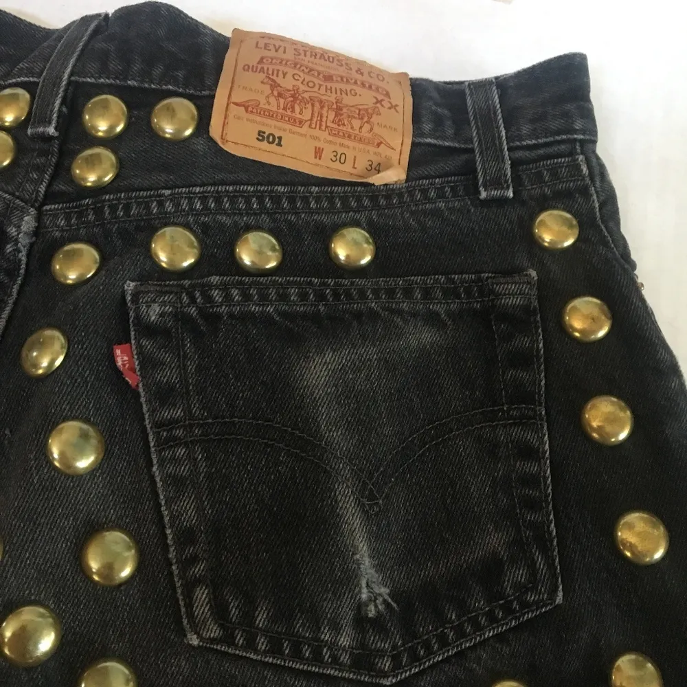 Customized vintage Levi's 501 studded cutoff black jean denim shredded shorts - Image 6