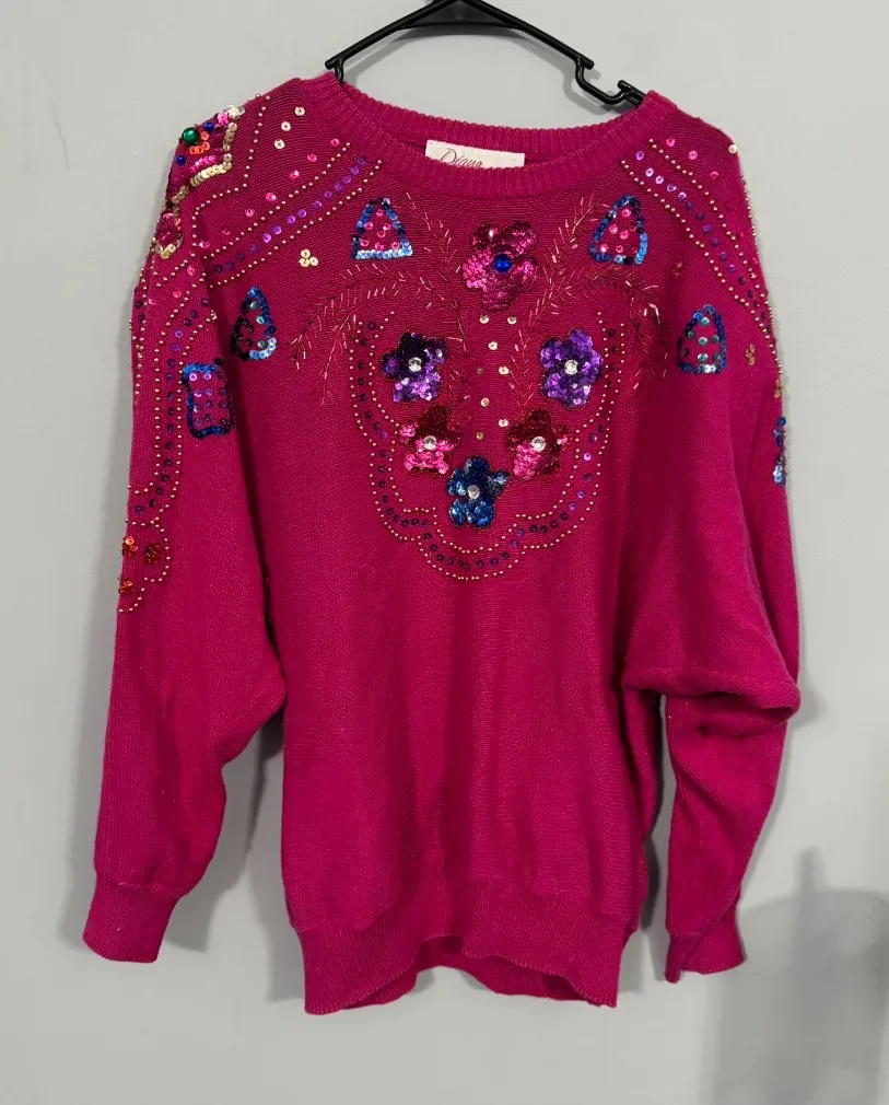 Vintage Diana Marco Deep Pink Beaded Sequin Pullover Sweater Women's Plus Size 22 - Image 1