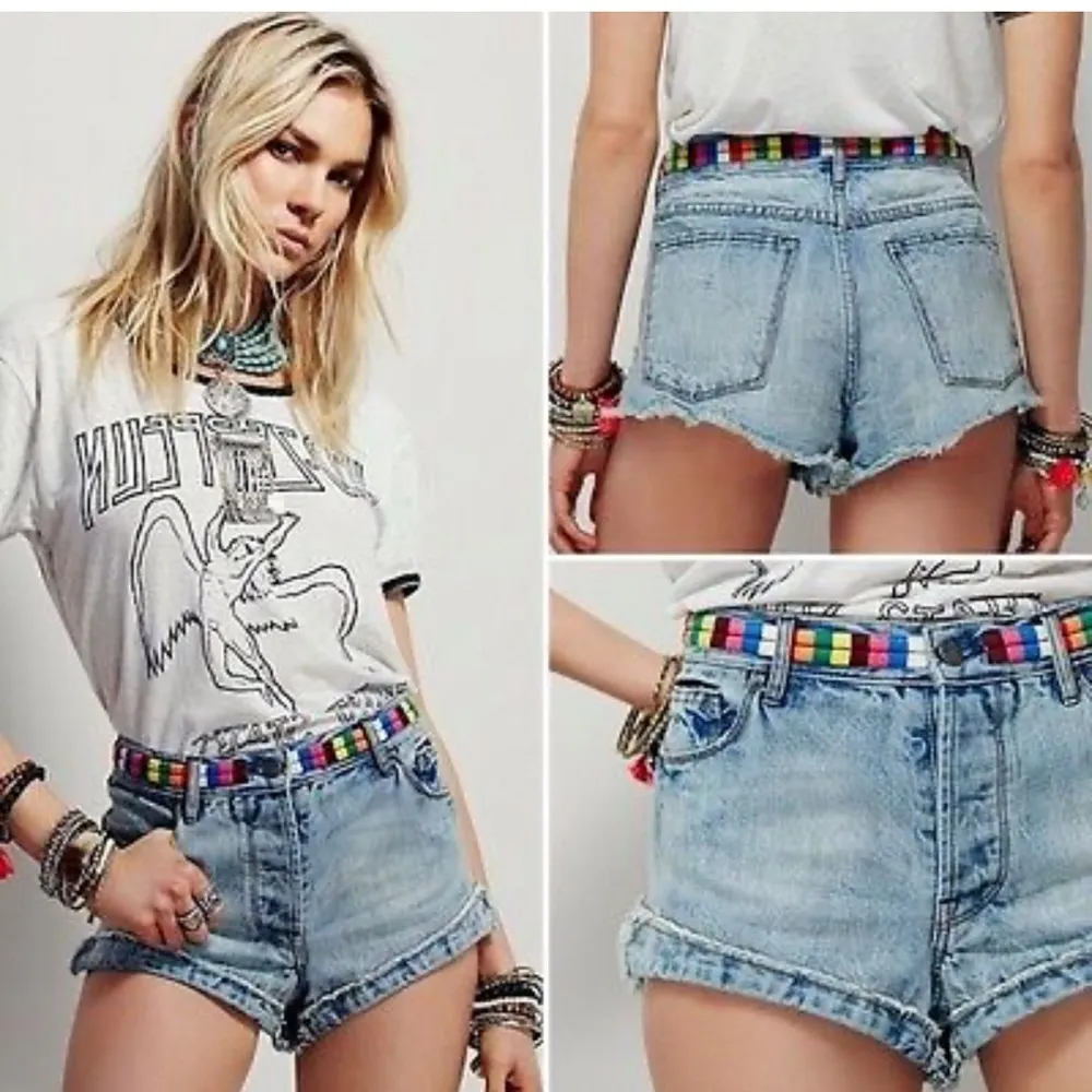Free People Eliot Embroidered Vibe Blue Denim Cut Off Shorts Size 25 - Image 2