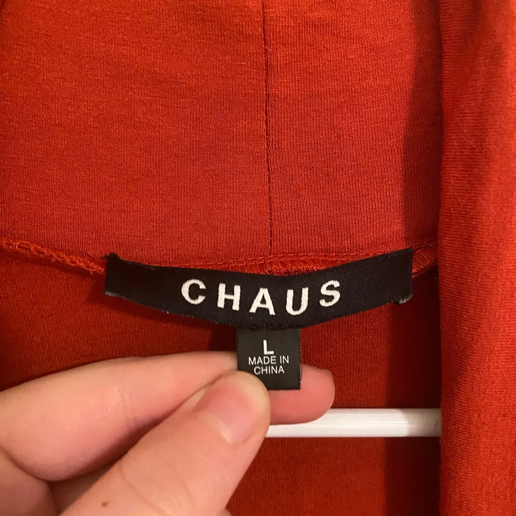 EUC CHAUS women’s rust orange thin stretchy drape pocket‎ open cardigan large Red - Image 4