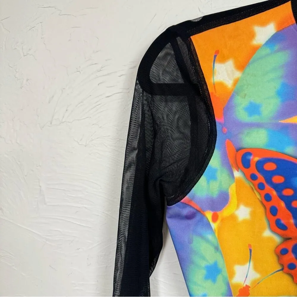Vintage Y2K Style N&B Black Mesh Sleeve Butterfly Blouse Womens M Colorful Sheer Yellow Size M - Image 2