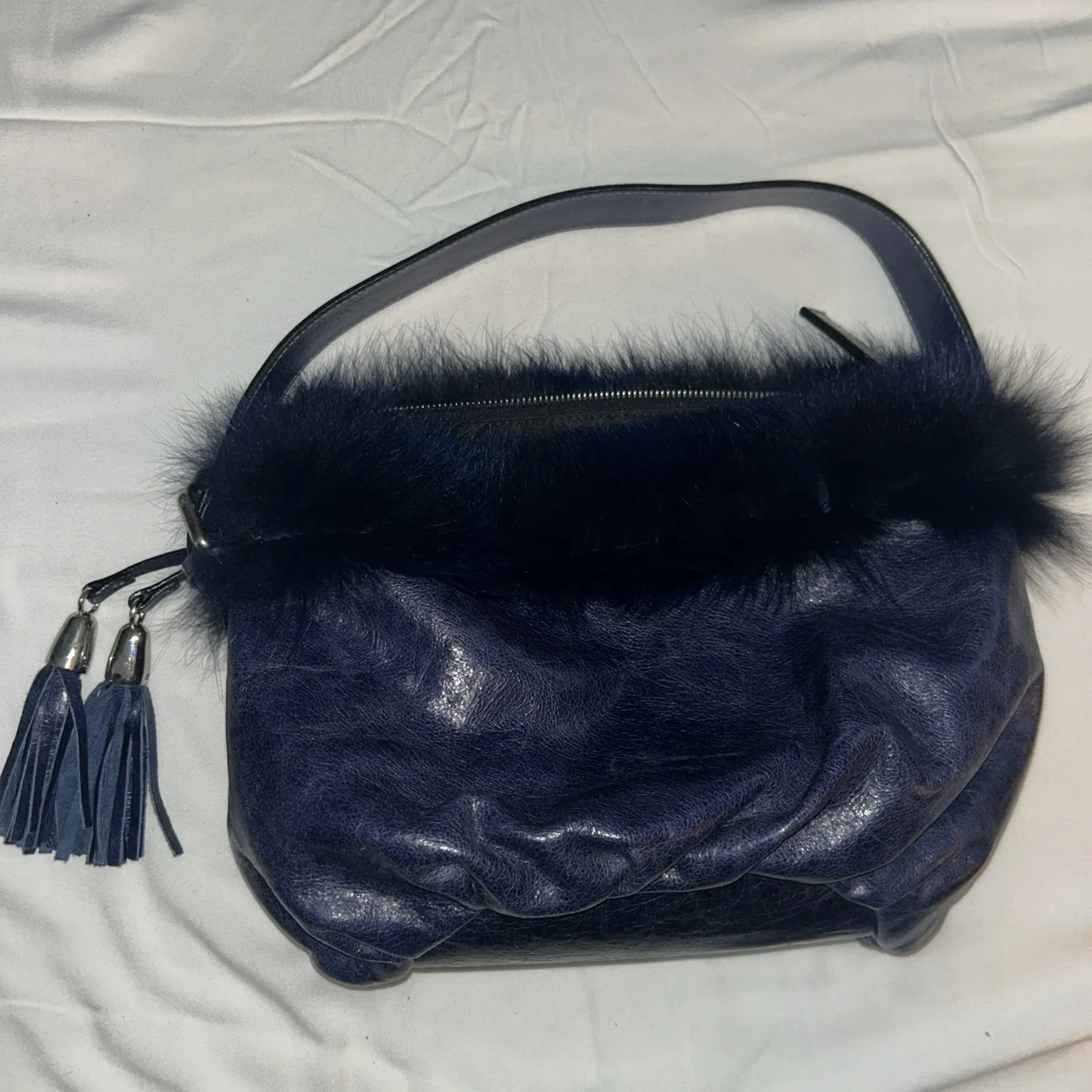 Vintage Castellari‎ Navy Blue Leather & Fur Shoulder Bag, Y2K Dark Blue Italian - Image 2