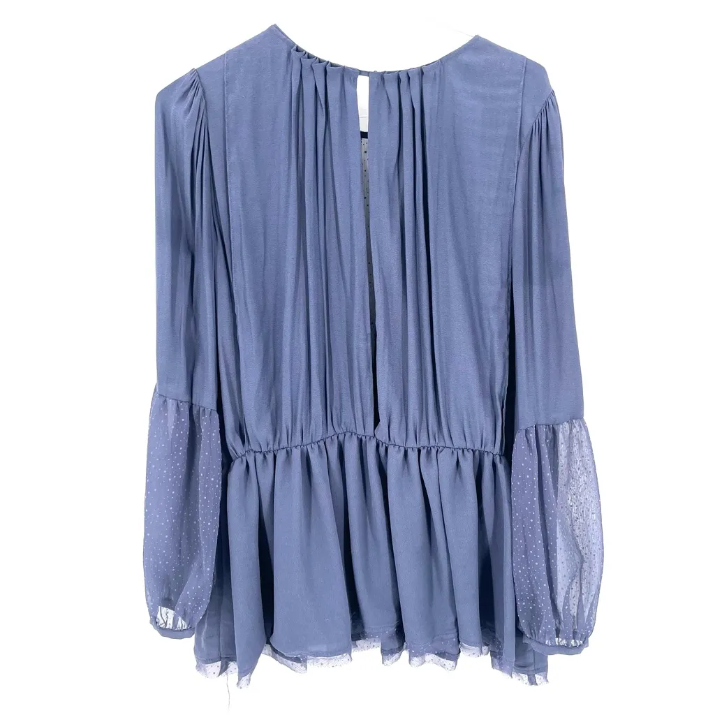 FREE PEOPLE Blue Flowy Sheer-Sleeve Peplum Long Sleeve Blouse Top - Image 8