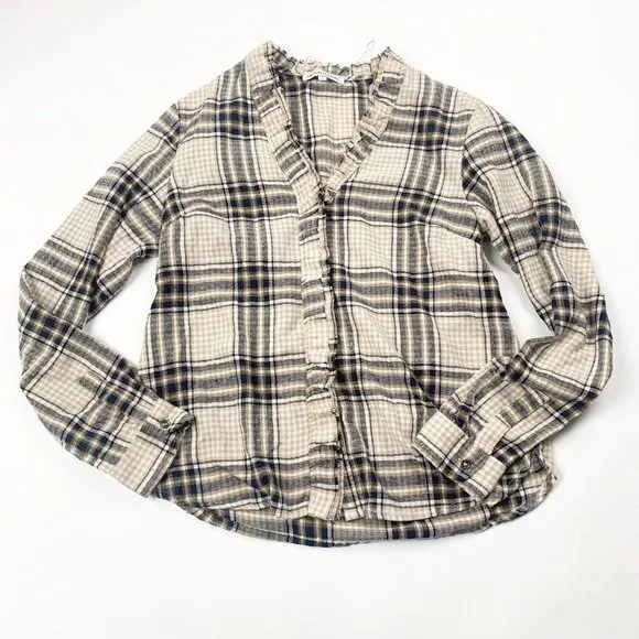 HEARTLOOM Womens Blouse Beige Navy Blue Black Small Plaid Flannel Long Sleeve - Image 1